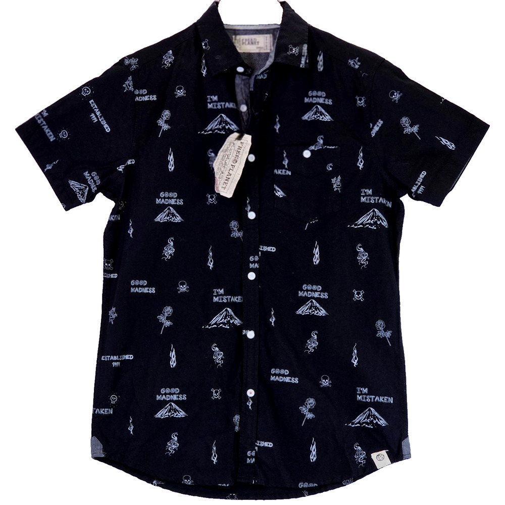 Free Planet Men's Good Madness Short Sleeve Button Up Shirt Black Small NWT